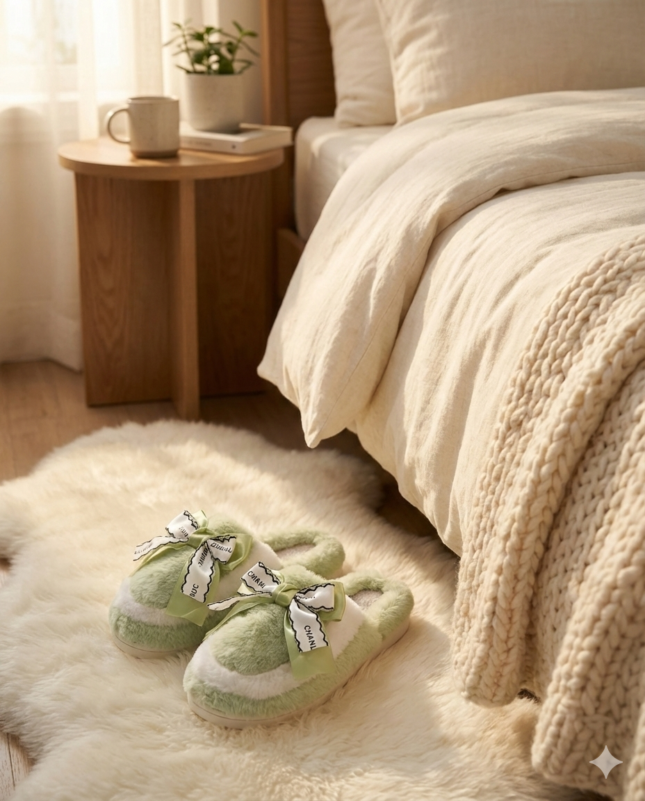 Sweet Bow Furry Slippers | Ultra-Soft Home Comfort | Warm Indoor Plush Slides