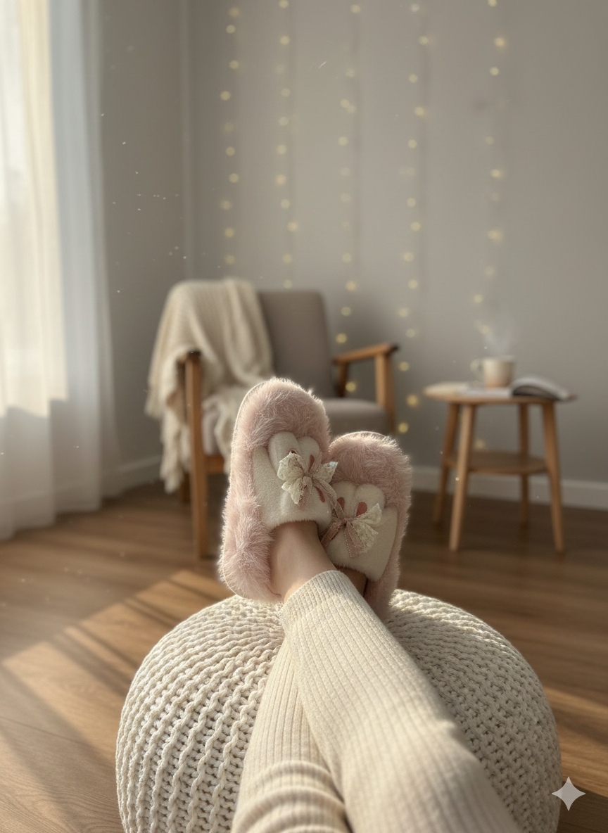 Sweet Fluffy Petal Plush Slippers | Warm Cozy Faux Fur Pastel Home Indoor Shoes