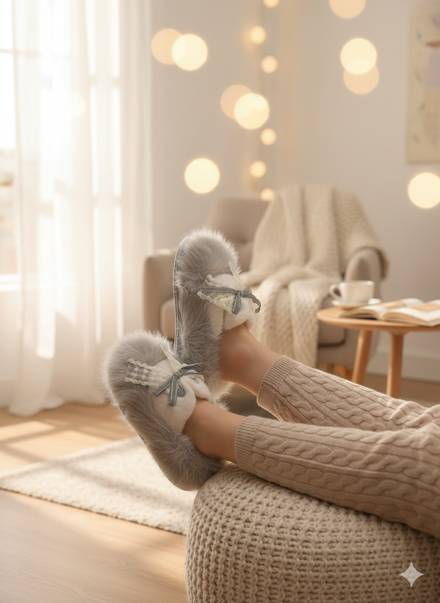 Sweet Fluffy Petal Plush Slippers | Warm Cozy Faux Fur Pastel Home Indoor Shoes