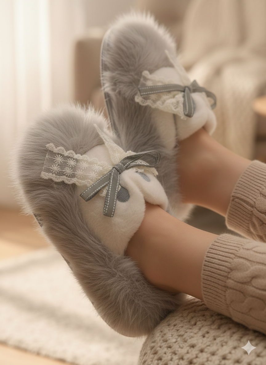 Sweet Fluffy Petal Plush Slippers | Warm Cozy Faux Fur Pastel Home Indoor Shoes
