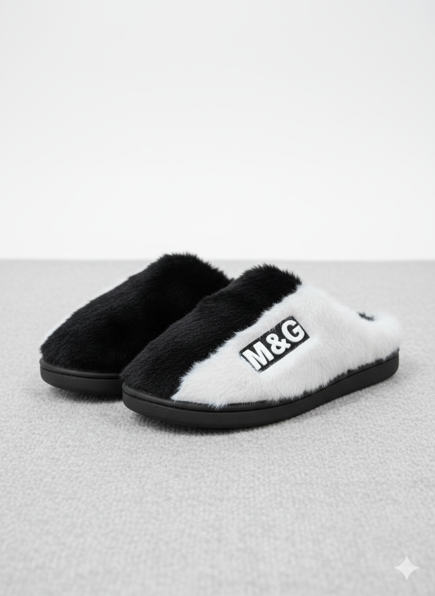 Two-Tone Cozy Soft Faux Fur Indoor Plush Slippers | Modern Black & White Comfort Slippers