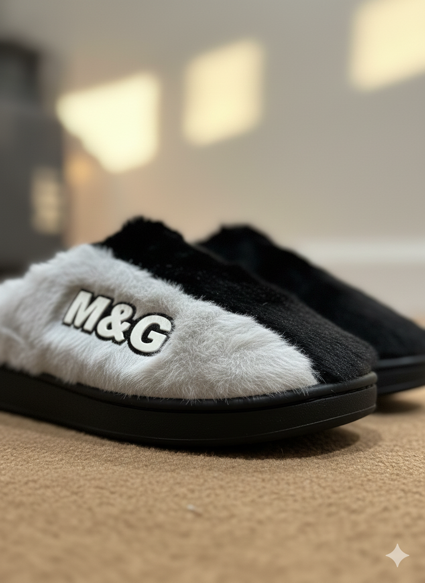 Two-Tone Cozy Soft Faux Fur Indoor Plush Slippers | Modern Black & White Comfort Slippers