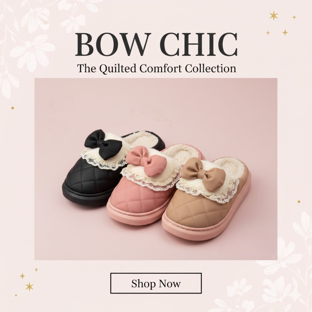 Velvet Lace Bow Slippers  Plush Quilted Comfort Indoor Shoes