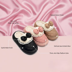 Velvet Lace Bow Slippers  Plush Quilted Comfort Indoor Shoes