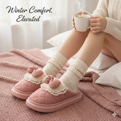 Velvet Lace Bow Slippers  Plush Quilted Comfort Indoor Shoes