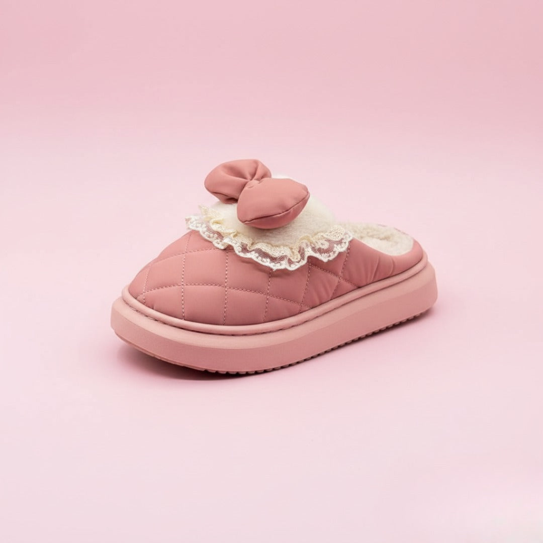 Velvet Lace Bow Slippers  Plush Quilted Comfort Indoor Shoes